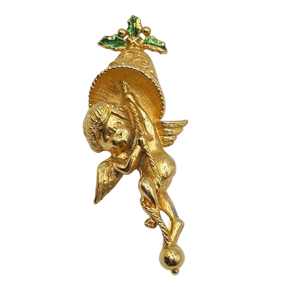 Angel and Bell Signed Corel Vintage Brooch 2”